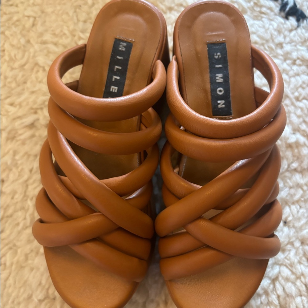SIMON MILLER Cognac Padded-Strap Platform Slides - Picture 8 of 8